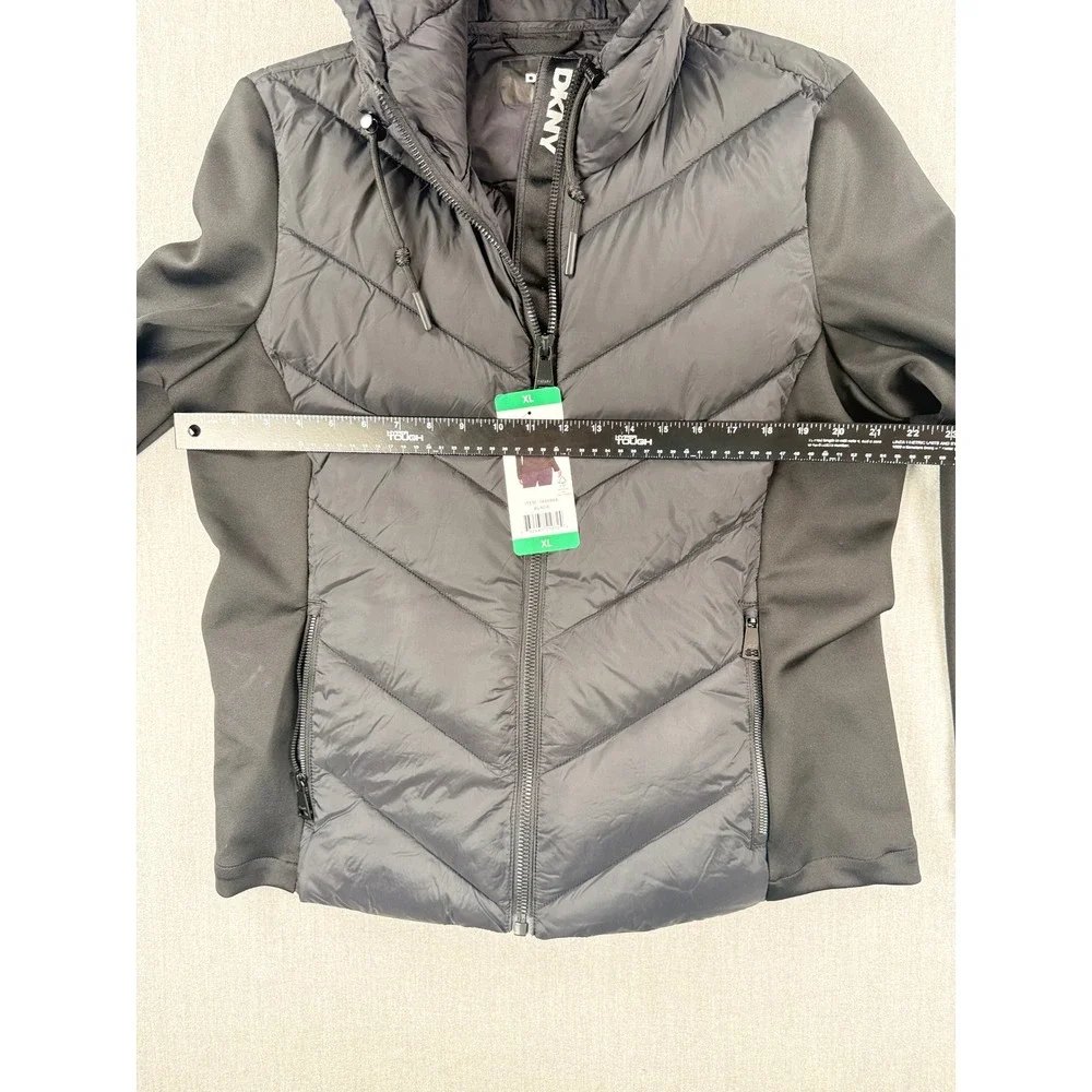 DKNY Womens Mixed Media Hooded Puffer Jacket Black XL 1889464